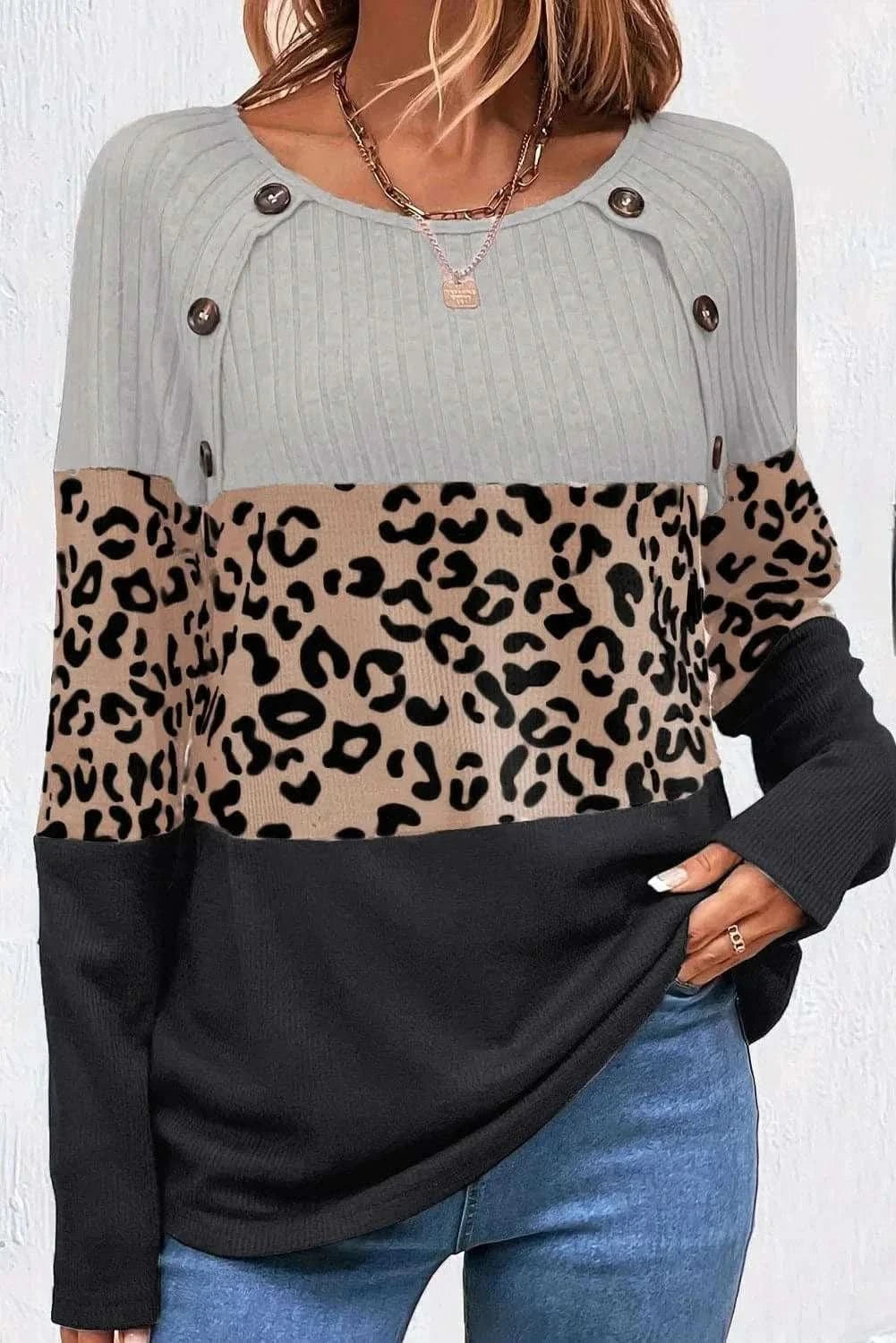 Leopard print long sleeve top with buttons - Love Salve